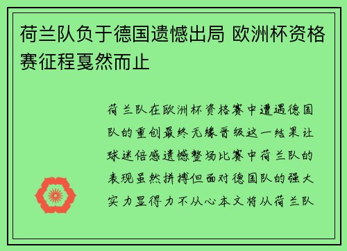 荷兰队负于德国遗憾出局 欧洲杯资格赛征程戛然而止