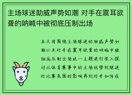 主场球迷助威声势如潮 对手在震耳欲聋的呐喊中被彻底压制出场