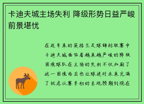 卡迪夫城主场失利 降级形势日益严峻前景堪忧