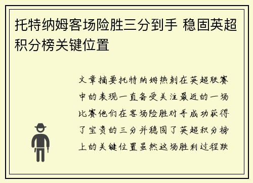 托特纳姆客场险胜三分到手 稳固英超积分榜关键位置