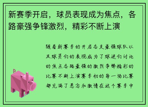 新赛季开启，球员表现成为焦点，各路豪强争锋激烈，精彩不断上演