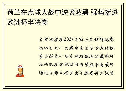 荷兰在点球大战中逆袭波黑 强势挺进欧洲杯半决赛