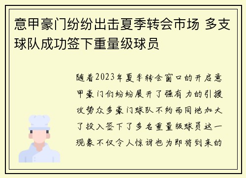 意甲豪门纷纷出击夏季转会市场 多支球队成功签下重量级球员